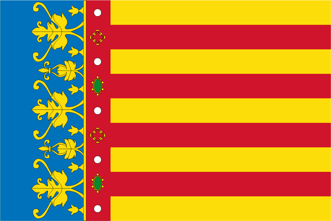 The flag of the Valencian Community and of the city of Valencia, known as Reial Senyera (Valencian pronunciation: [reˈjal seˈɲeɾa], "Royal Senyera"), is the traditional Senyera, composed of four red bars on a yellow background, crowned with a blue strip party per pale next to the hoist.[1] It was adopted on 1 July 1982.