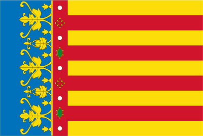 The flag of the Valencian Community and of the city of Valencia, known as Reial Senyera (Valencian pronunciation: [reˈjal seˈɲeɾa], "Royal Senyera"), is the traditional Senyera, composed of four red bars on a yellow background, crowned with a blue strip party per pale next to the hoist.[1] It was adopted on 1 July 1982.
