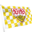 A yellow and white checkered flag on a white pole, featuring a central red and yellow shield with the text '1893' and a black wheat-like emblem. VfB Stuttgart Chequered Flag