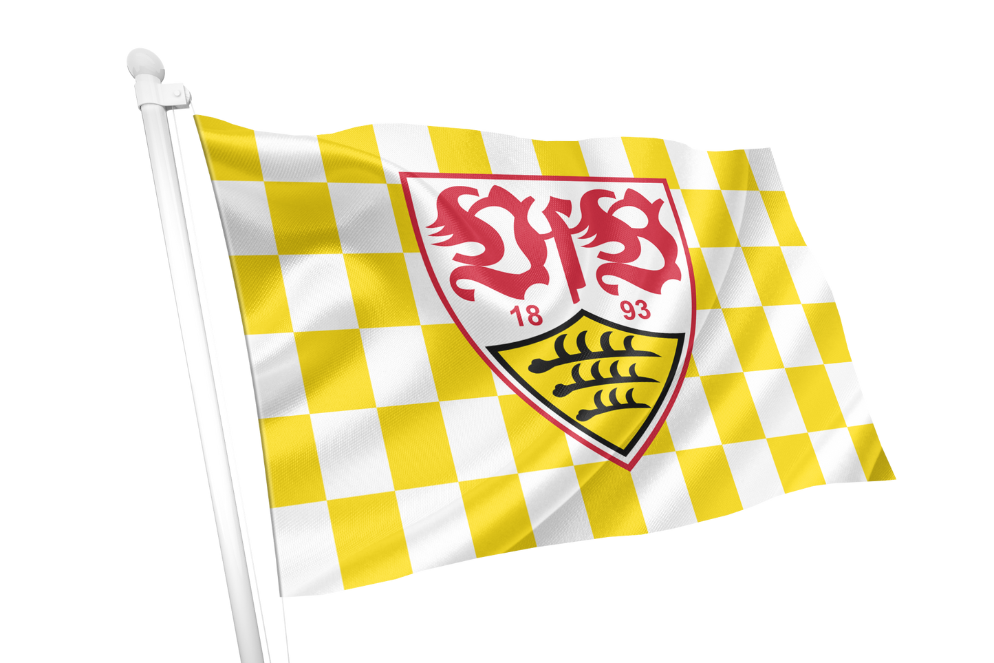 A yellow and white checkered flag on a white pole, featuring a central red and yellow shield with the text '1893' and a black wheat-like emblem. VfB Stuttgart Chequered Flag