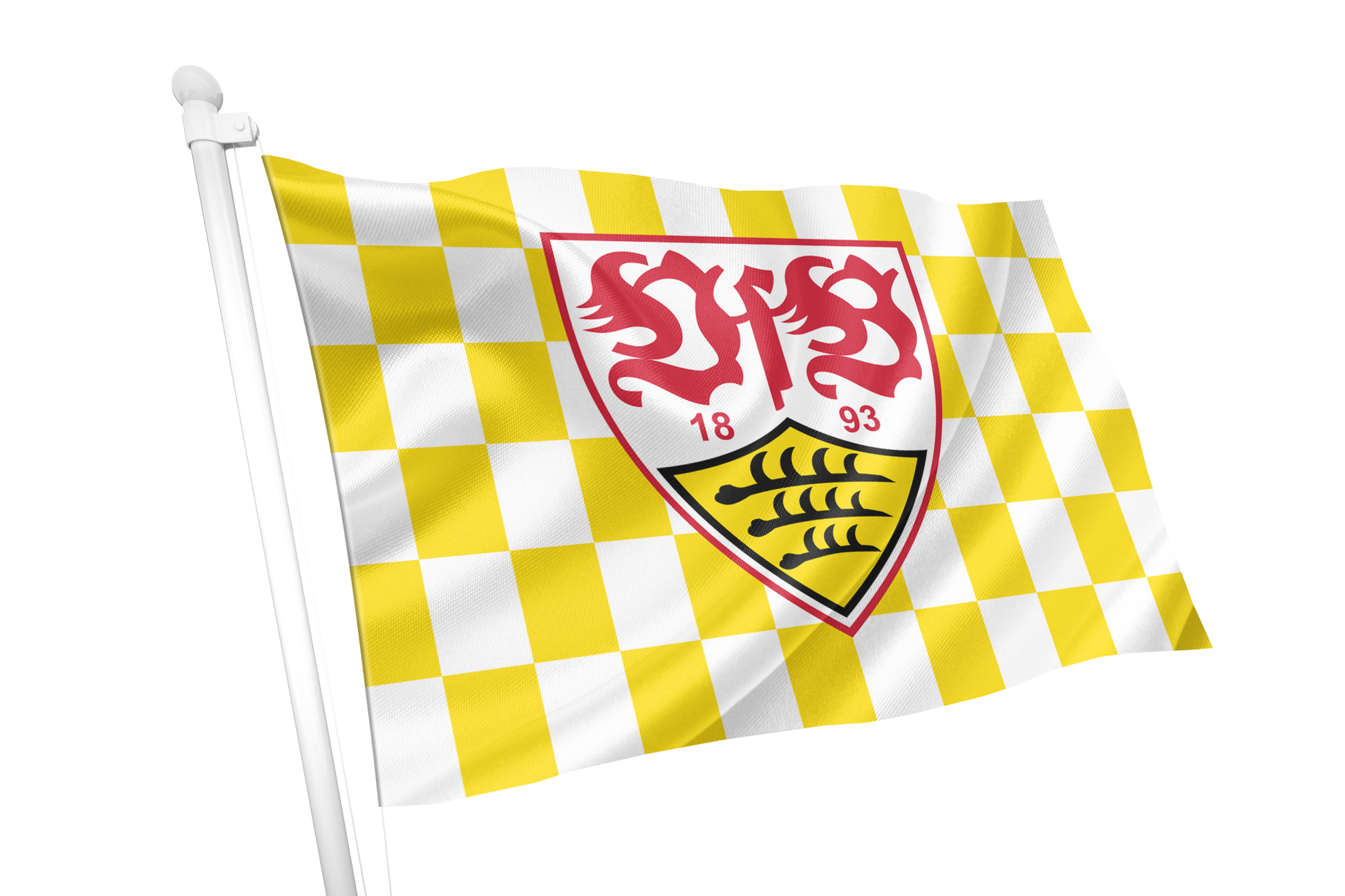 A yellow and white checkered flag on a white pole, featuring a central red and yellow shield with the text '1893' and a black wheat-like emblem. VfB Stuttgart Chequered Flag