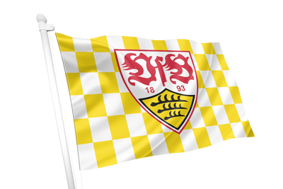 A yellow and white checkered flag on a white pole, featuring a central red and yellow shield with the text '1893' and a black wheat-like emblem. VfB Stuttgart Chequered Flag