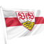 A white flag on a white pole featuring a horizontal red stripe and a central shield crest with red lions, the numbers 1893, and a yellow chevron with black fish, shown against a plain white background. VfB Stuttgart Flag