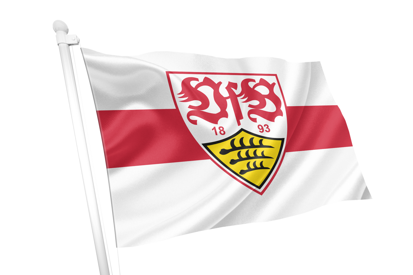 A white flag on a white pole featuring a horizontal red stripe and a central shield crest with red lions, the numbers 1893, and a yellow chevron with black fish, shown against a plain white background. VfB Stuttgart Flag