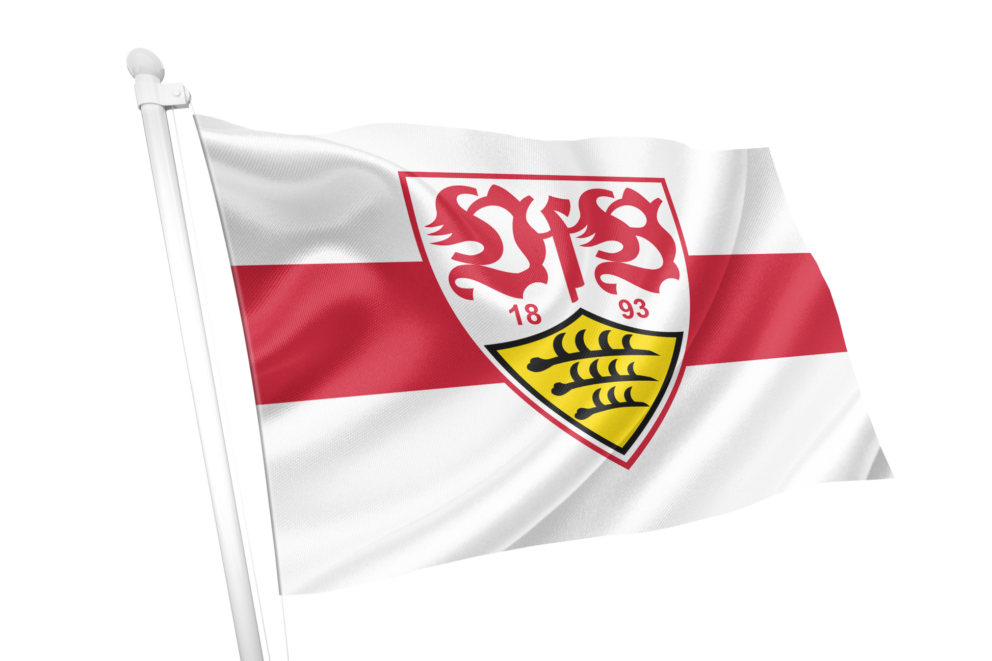 A white flag on a white pole featuring a horizontal red stripe and a central shield crest with red lions, the numbers 1893, and a yellow chevron with black fish, shown against a plain white background. VfB Stuttgart Flag