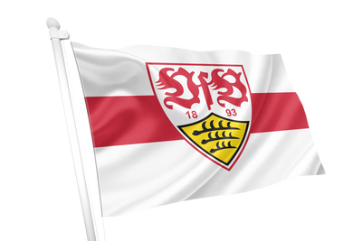 A white flag on a white pole featuring a horizontal red stripe and a central shield crest with red lions, the numbers 1893, and a yellow chevron with black fish, shown against a plain white background. VfB Stuttgart Flag