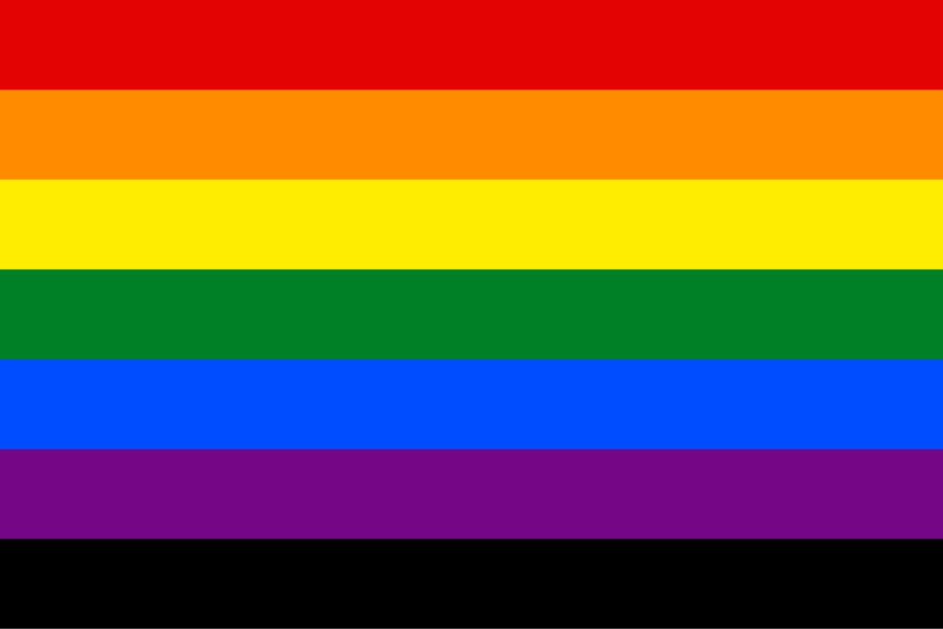 Rainbow flag with six horizontal stripes in red, orange, yellow, green, blue, and purple on a black background. Victory Over Aids Pride Flag