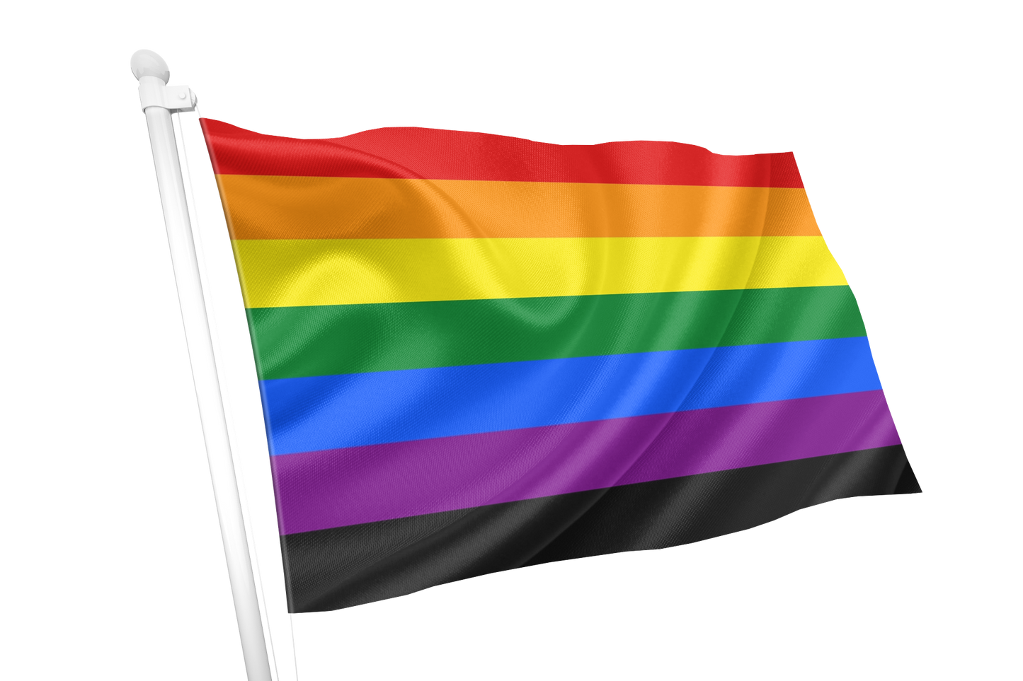 Rainbow flag with black at the bottom on a white background. Victory Over Aids Pride Flag