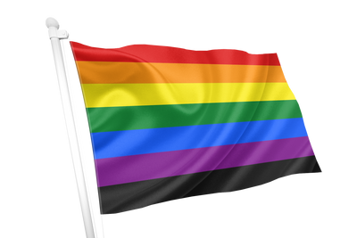 Rainbow flag with black at the bottom on a white background. Victory Over Aids Pride Flag