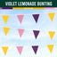 Violet lemonade bunting with purple, gold, yellow, and baby pink triangles on a blue background.
