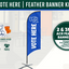 Feather banner kit with 'Vote Here' text and branding for Flags Ireland on a white background.