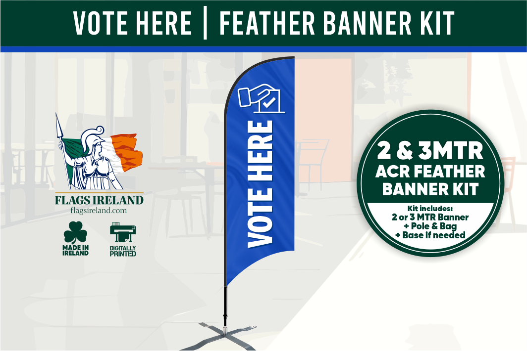 Feather banner kit with 'Vote Here' text and branding for Flags Ireland on a white background.