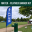 Blue feather banner indicating that free water is available at the public event.
