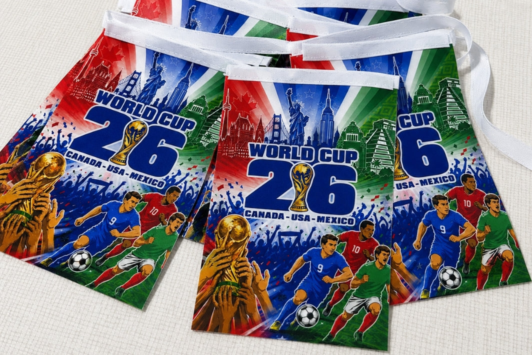 World Cup 2026 themed bunting flags on a white background