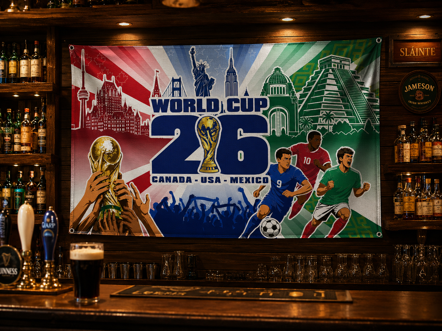 World Cup 2026 banner on a bar with sports design