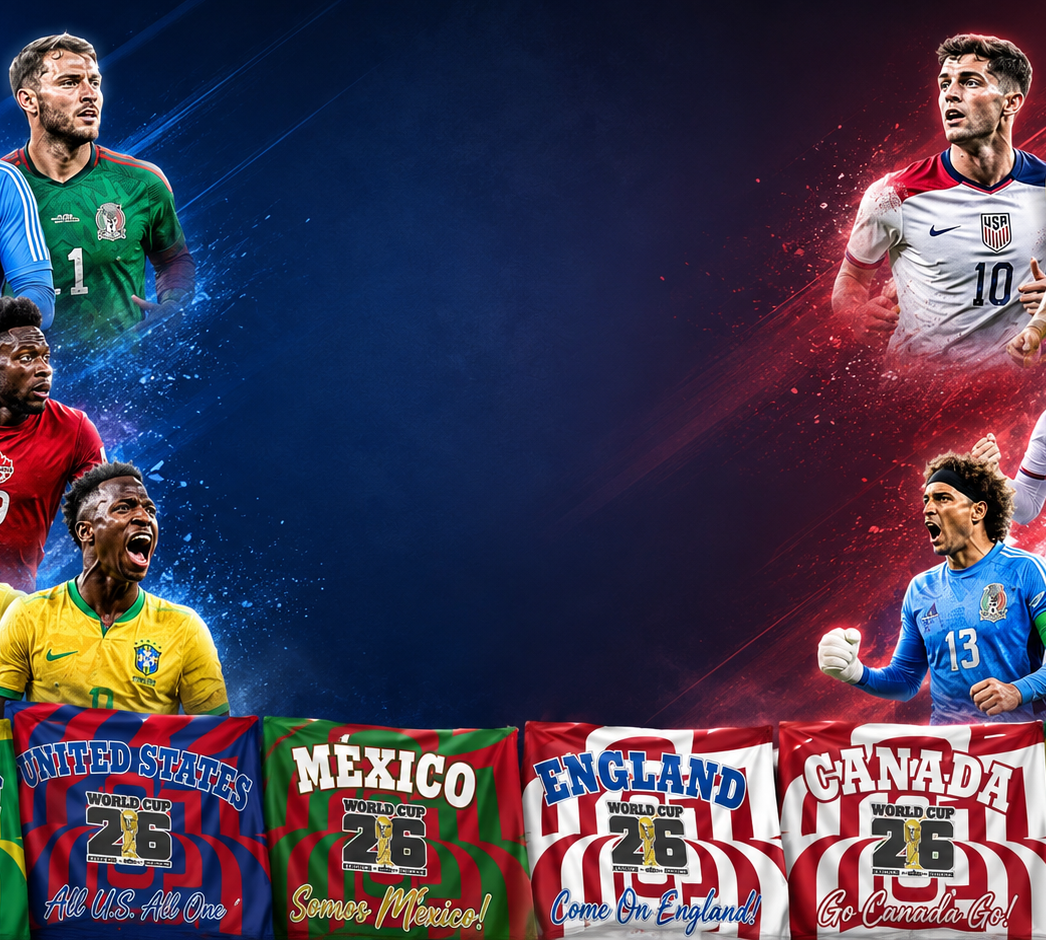 Collage of soccer players from various countries with their national team flags.