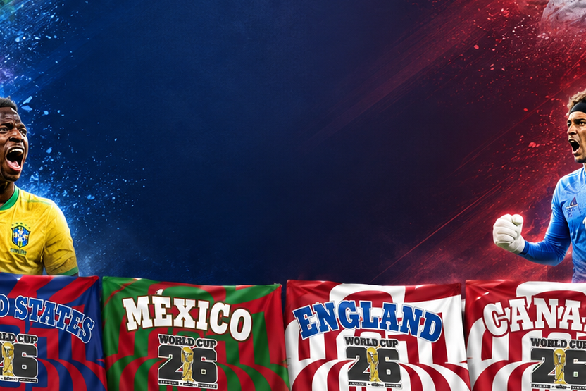 Collage of soccer players from various countries with their national team flags.