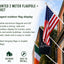 Wall mounted 2 meter flagpole with 45-degree bracket shown outdoors beside a brick building, with an American flag and a black 'The Landmark' banner flying. Text on the left describes the product features and includes icons for durable aluminium, outdoor use, and easy to install.