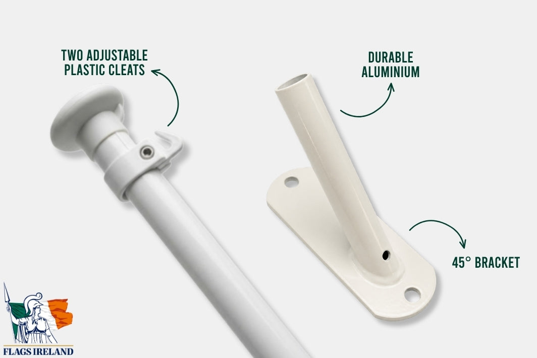 White flagpole mount hardware on a light gray background with text callouts reading 'TWO ADJUSTABLE PLASTIC CLEATS', 'DURABLE ALUMINIUM', and '45° BRACKET'. A small 'FLAGS IRELAND' logo appears in the lower left.