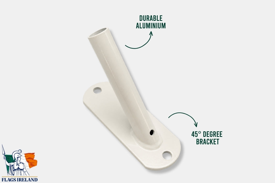 An off-white aluminum flagpole mount with a 45-degree bracket, shown with text callouts reading 'DURABLE ALUMINUM' and '45 DEGREE BRACKET' on a light gray background.