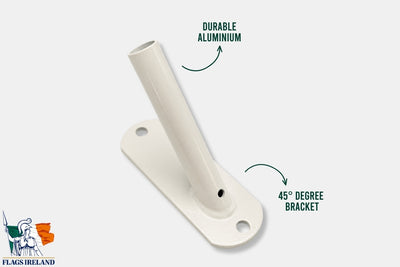 An off-white aluminum flagpole mount with a 45-degree bracket, shown with text callouts reading 'DURABLE ALUMINUM' and '45 DEGREE BRACKET' on a light gray background.