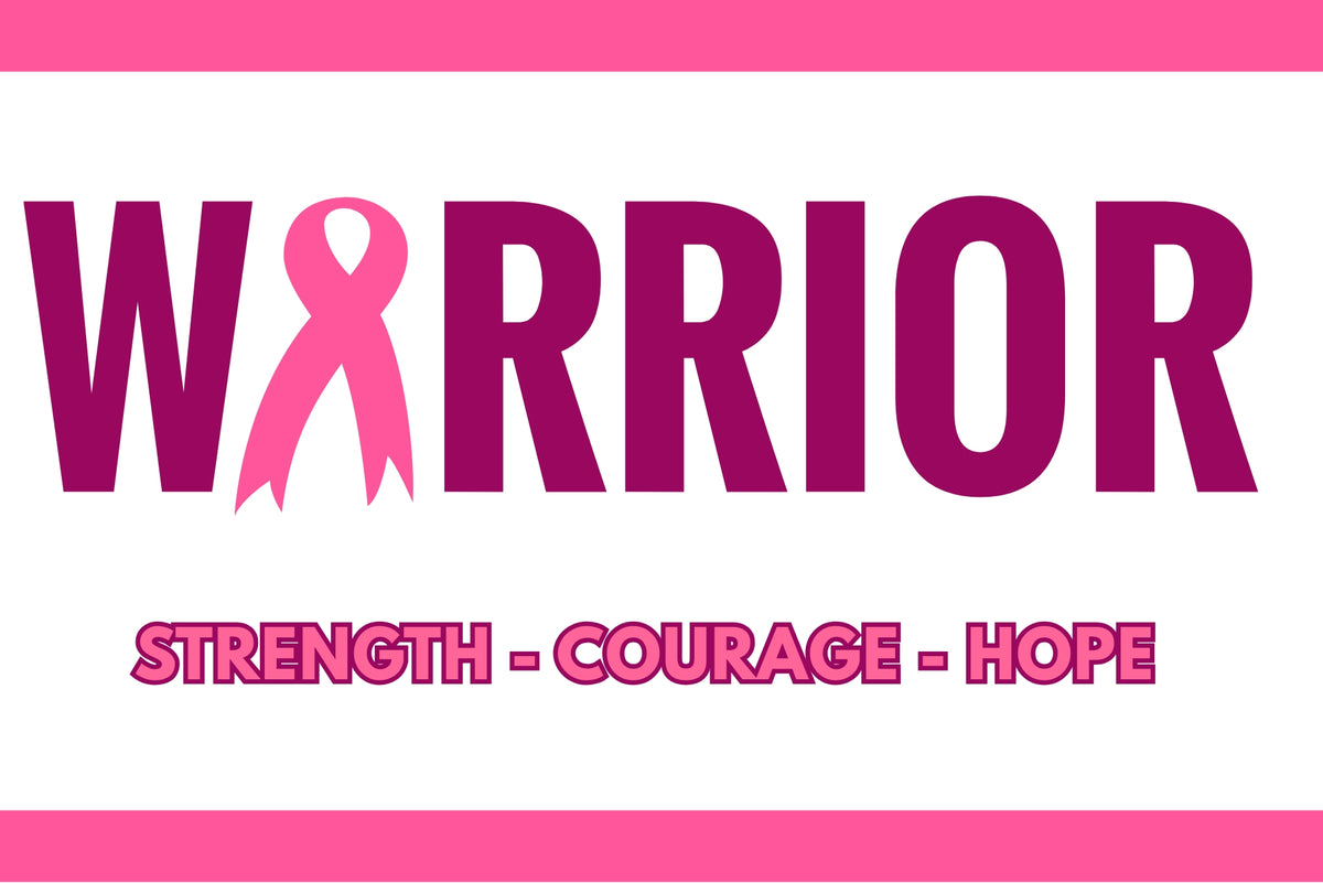 A graphic design featuring the word 'WARRIOR' in large magenta letters, with the 'W' stylized as a pink breast cancer ribbon. Below the main title, the words 'STRENGTH - COURAGE - HOPE' are written in pink. Breast Cancer Flag Banner.