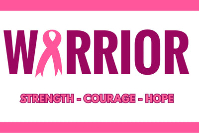 A graphic design featuring the word 'WARRIOR' in large magenta letters, with the 'W' stylized as a pink breast cancer ribbon. Below the main title, the words 'STRENGTH - COURAGE - HOPE' are written in pink. Breast Cancer Flag Banner.