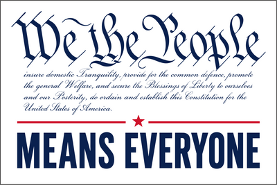 Textual design with 'We the People' and 'Means Everyone' on a white background