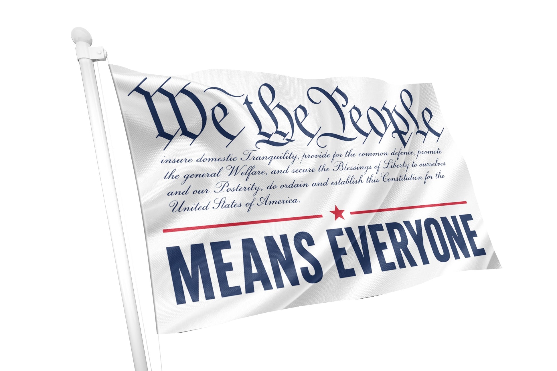 Flag with 'We the People Means Everyone' text on a white background