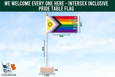 Intersex inclusive pride table flag with measurements and 'Flags Ireland' branding. 