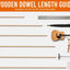 Wooden dowel length guide infographic showing available lengths from 1FT to 6FT with corresponding ruler, umbrella, guitar, chair, lamp, and cabinet scale illustrations on a white background with an orange header.