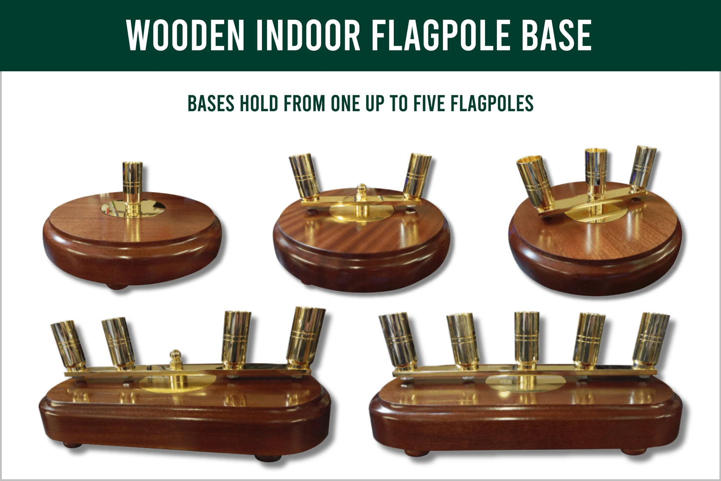 Wooden indoor flagpole bases, they hold one up to five flagpoles. brass center on a white background