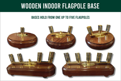 Wooden indoor flagpole bases, they hold one up to five flagpoles. brass center on a white background