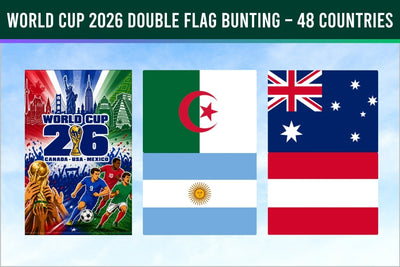 Promotional image for World Cup 2026 double flag bunting featuring multiple flags and a soccer-themed design.