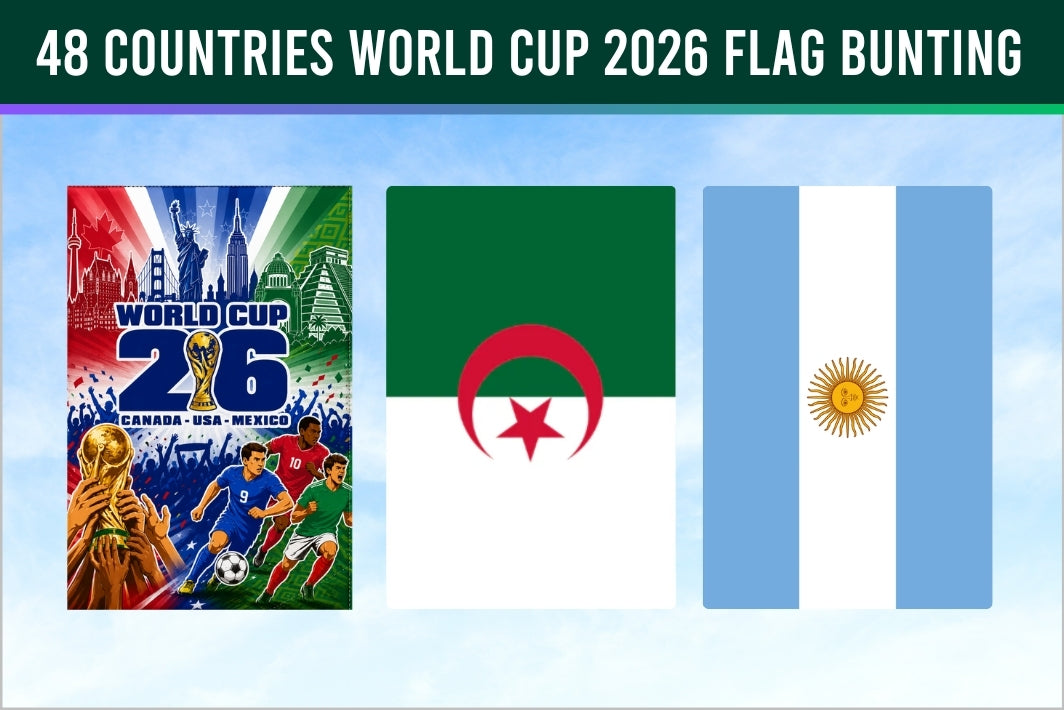 Promotional image for 48 countries World Cup 2026 flag bunting with flags of Algeria and Argentina.
