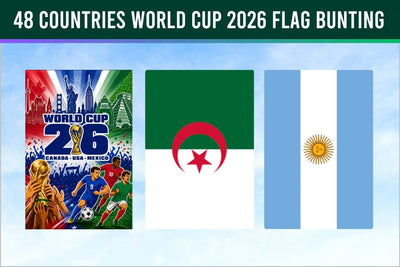 Promotional image for 48 countries World Cup 2026 flag bunting with flags of Algeria and Argentina.