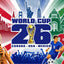 Promotional graphic for World Cup 2026 featuring architectural landmarks and soccer players.