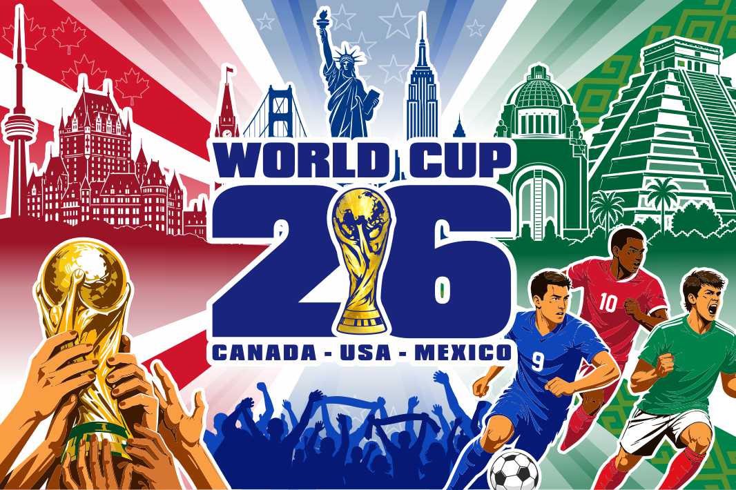 Promotional graphic for World Cup 2026 featuring architectural landmarks and soccer players.