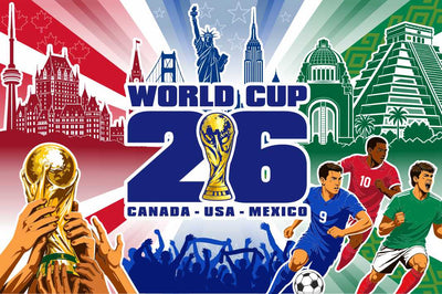 Promotional graphic for World Cup 2026 featuring architectural landmarks and soccer players.