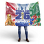 Person holding a World Cup 2026 themed blanket with various elements and text.