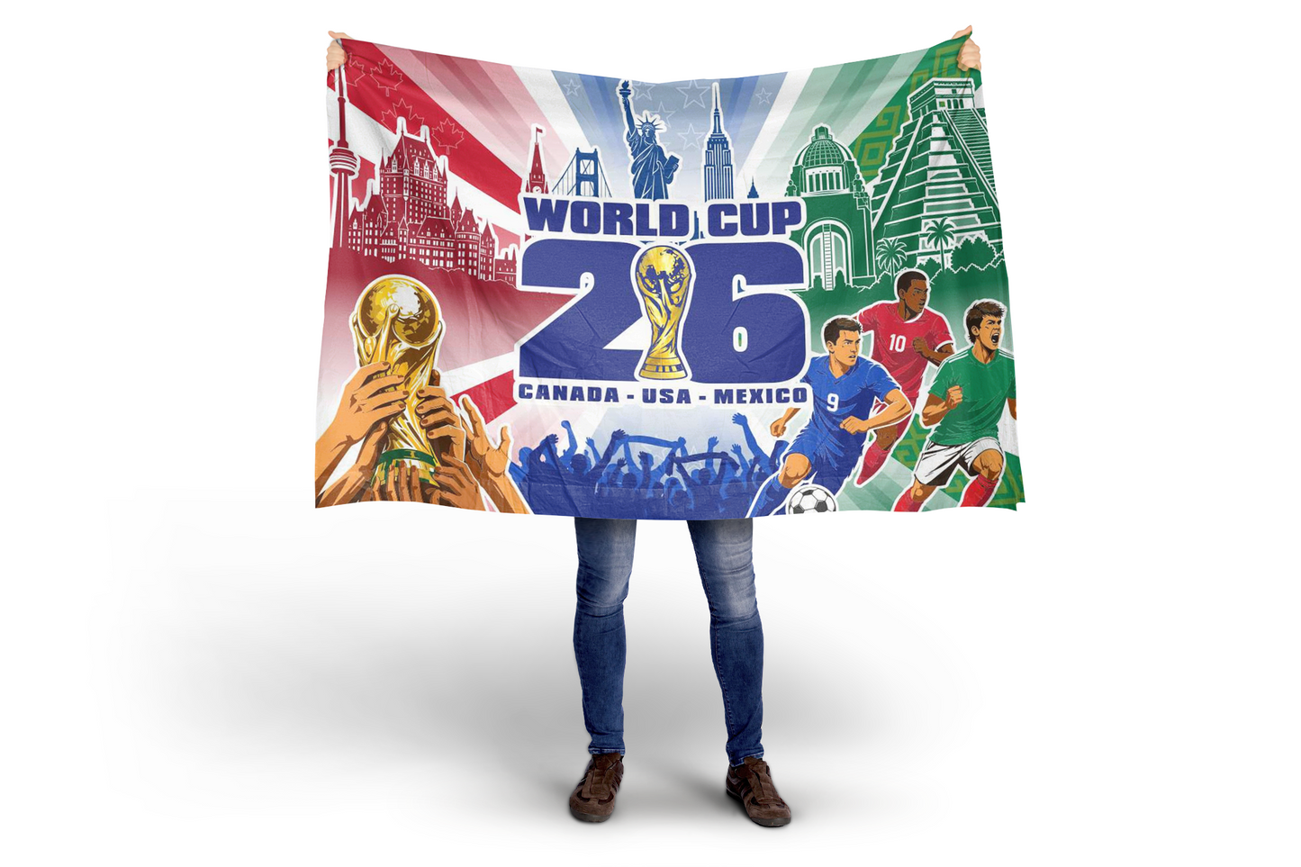Person holding a World Cup 2026 themed blanket with various elements and text.