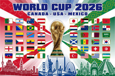 Promotional graphic for World Cup 2026 featuring flags of participating countries and the World Cup trophy.