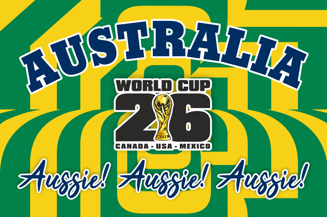 Promotional graphic for Australia's participation in the 2026 World Cup with green and yellow stripes.