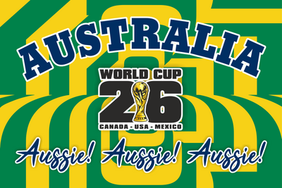 Promotional graphic for Australia's participation in the 2026 World Cup with green and yellow stripes.
