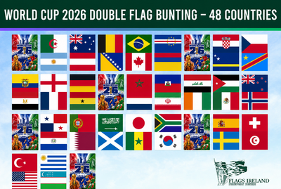 Promotional image for World Cup 2026 double flag bunting featuring 48 WC country flags and a soccer-themed design.