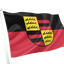 A Wurttemberg Hohenzollern waving flag on a white pole, featuring a black upper half and red lower half with a central black-and-yellow heraldic shield.