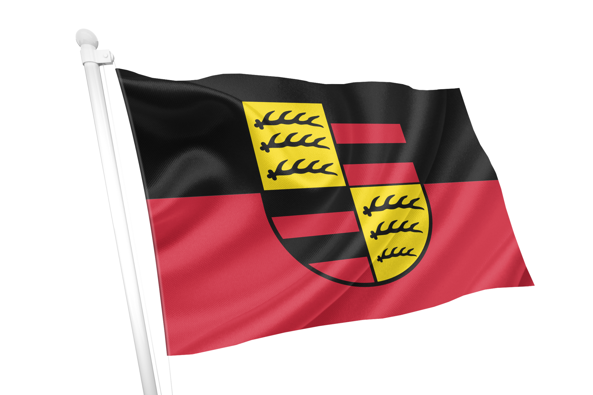 A Wurttemberg Hohenzollern waving flag on a white pole, featuring a black upper half and red lower half with a central black-and-yellow heraldic shield.
