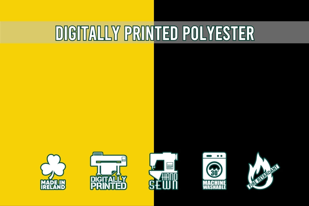 Digital print process icons on a yellow and black background with text 'Digitally Printed Polyester'.