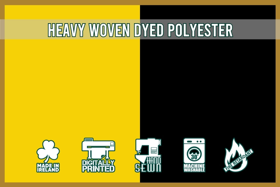 Text and icons about heavy woven dyed polyester on a yellow and black background