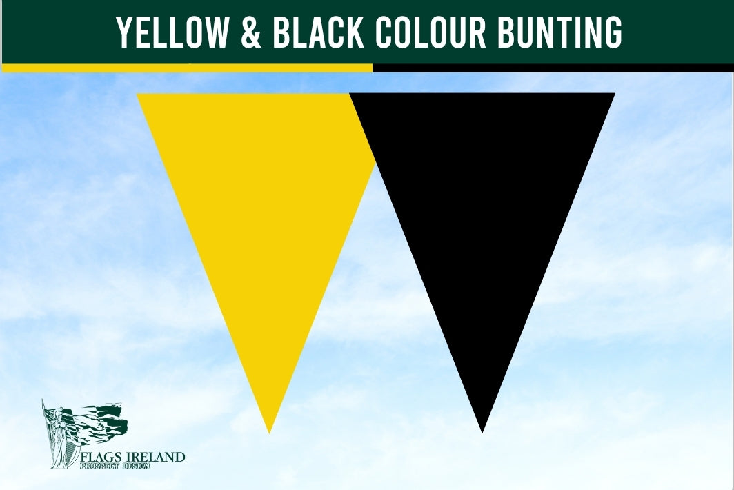 Yellow and black triangle-shaped bunting flags against a blue sky with 'Flags Ireland' logo.